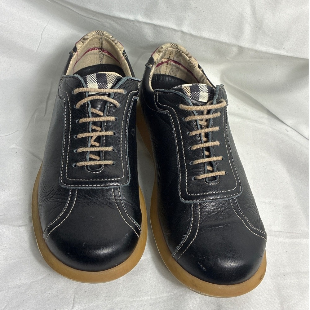 Burberry Black Leather Nova Check Trim Low Top Sneakers Shoes Size 35 - Picture 2 of 8